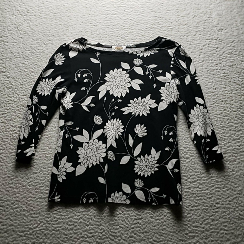 Talbots Shirt Womens Medium Black Boat Neck 3/4 Sleeve Floral Jersey Top